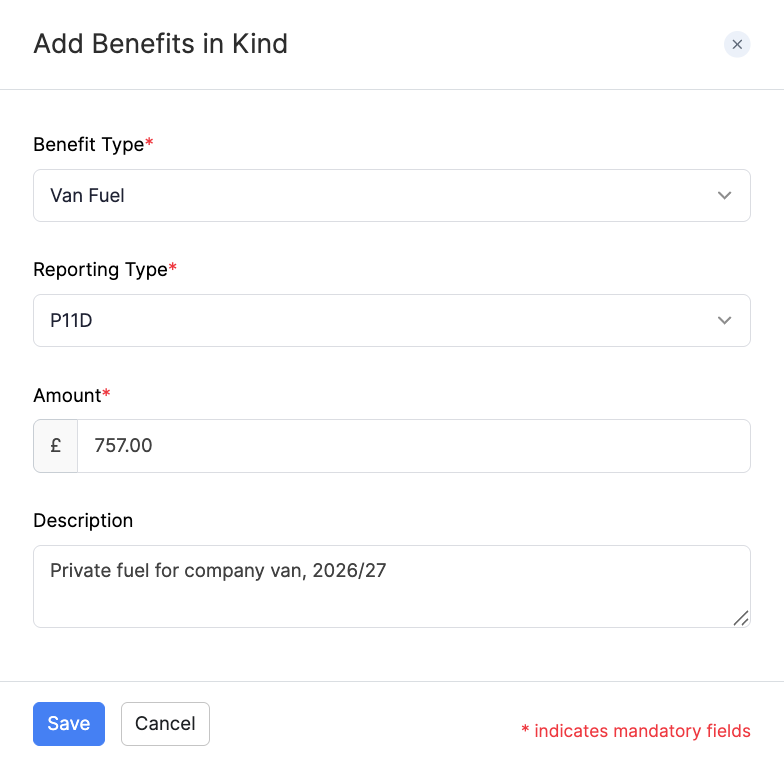Add Van Fuel as a Benefit in Kind