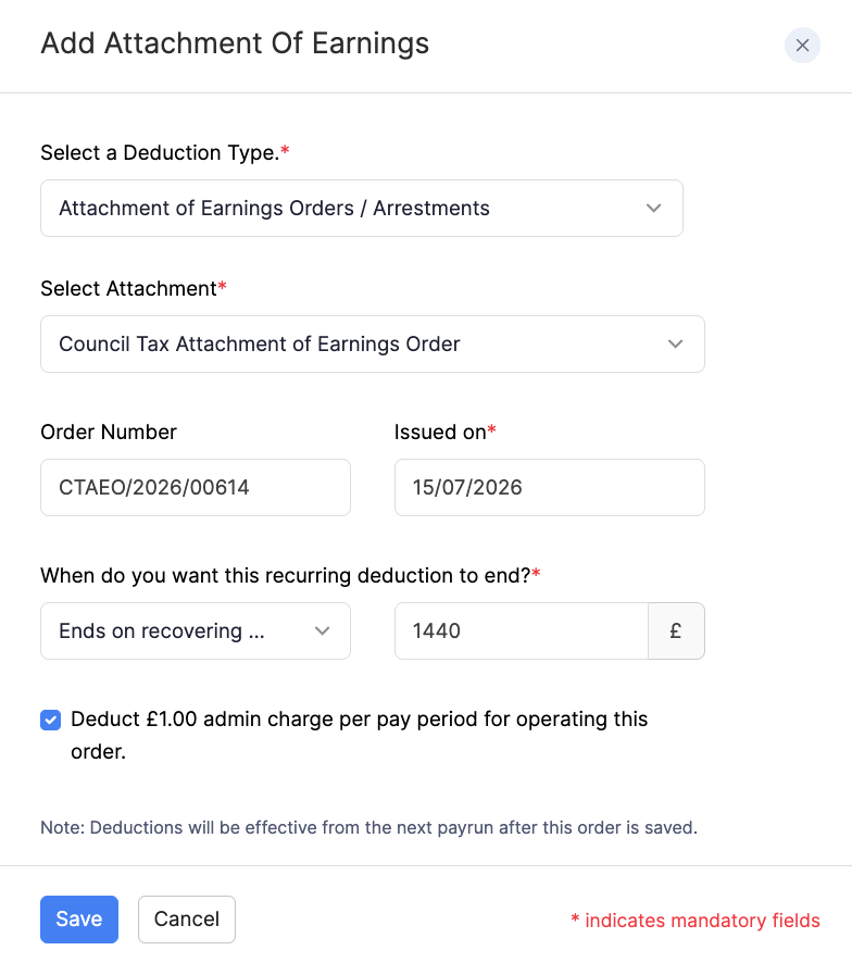 Add Council Tax Attachment of Earnings Order