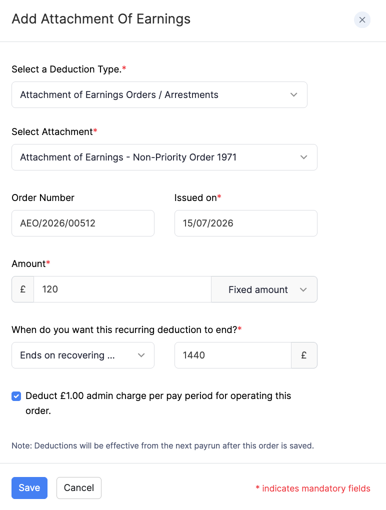 Add Attachment of Earnings - Non-Priority Order 1971