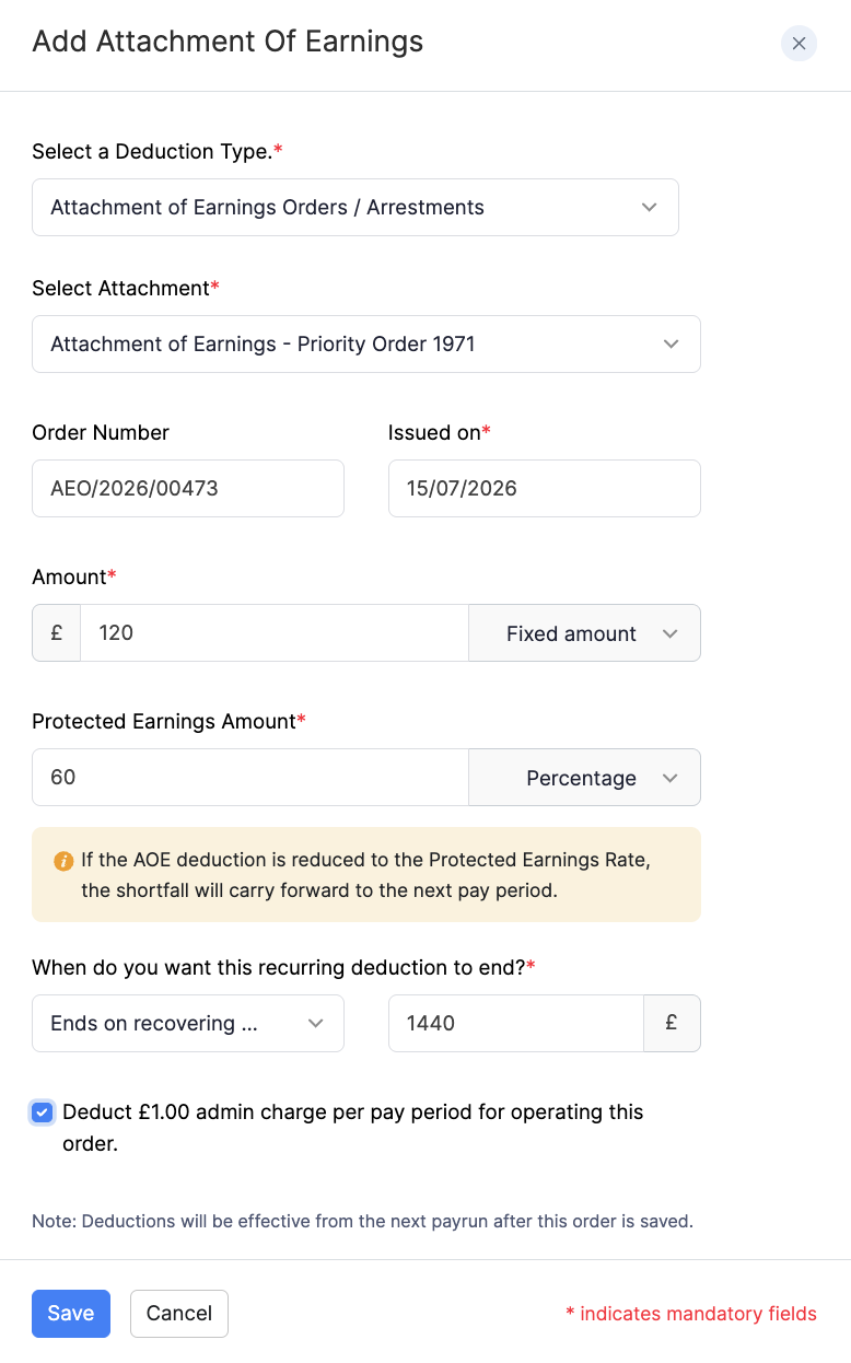 Add Attachment of Earnings - Priority Order 1971