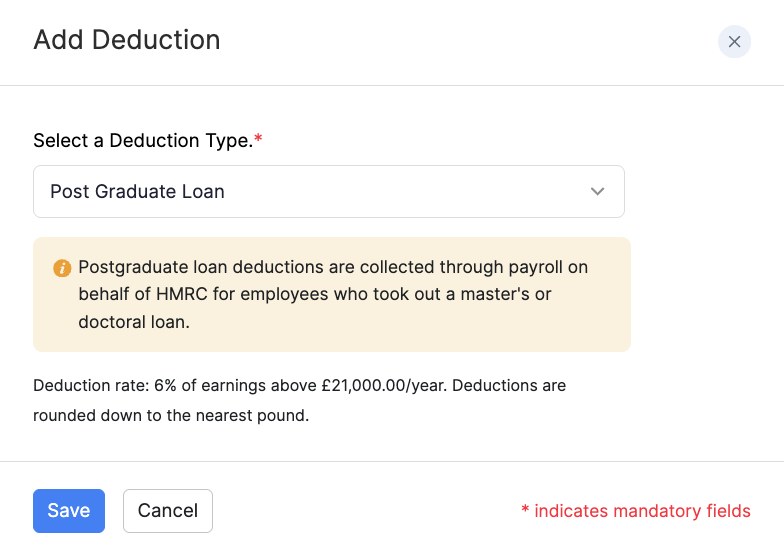 Add a Postgraduate Loan deduction