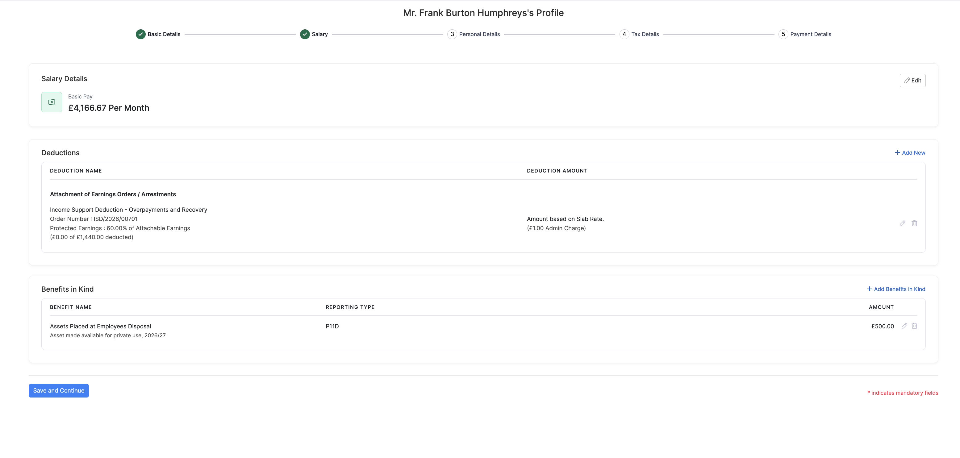 Salary step showing deductions and benefits in kind before continuing