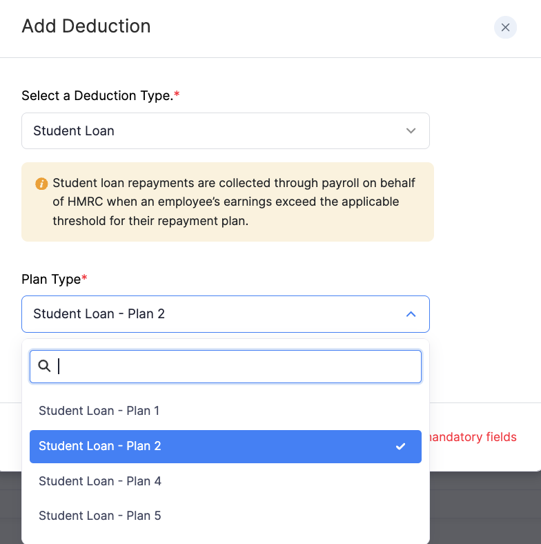 Student Loan plan type options