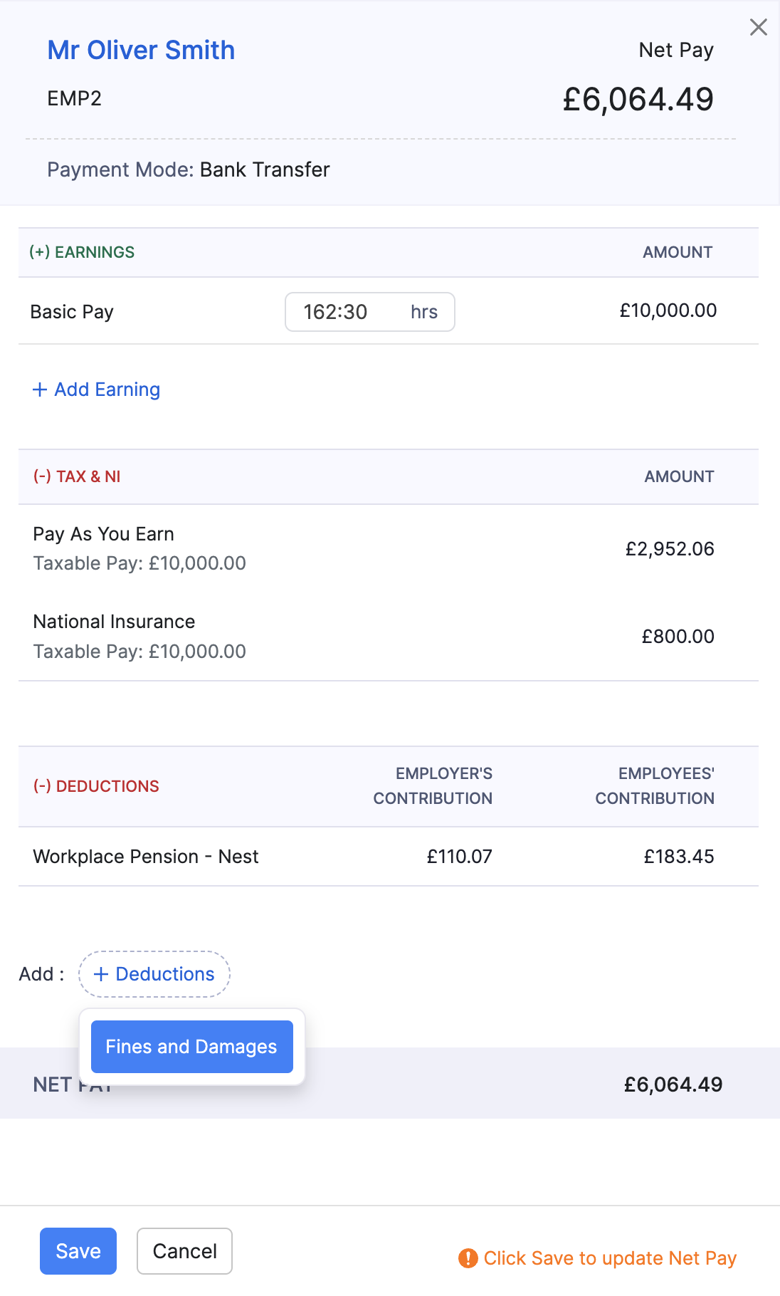 Add a deduction for an employee in a pay run