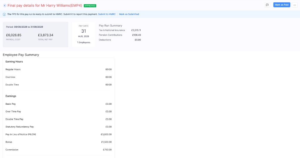 Approved Final Settlement Payroll with FPS ready to submit