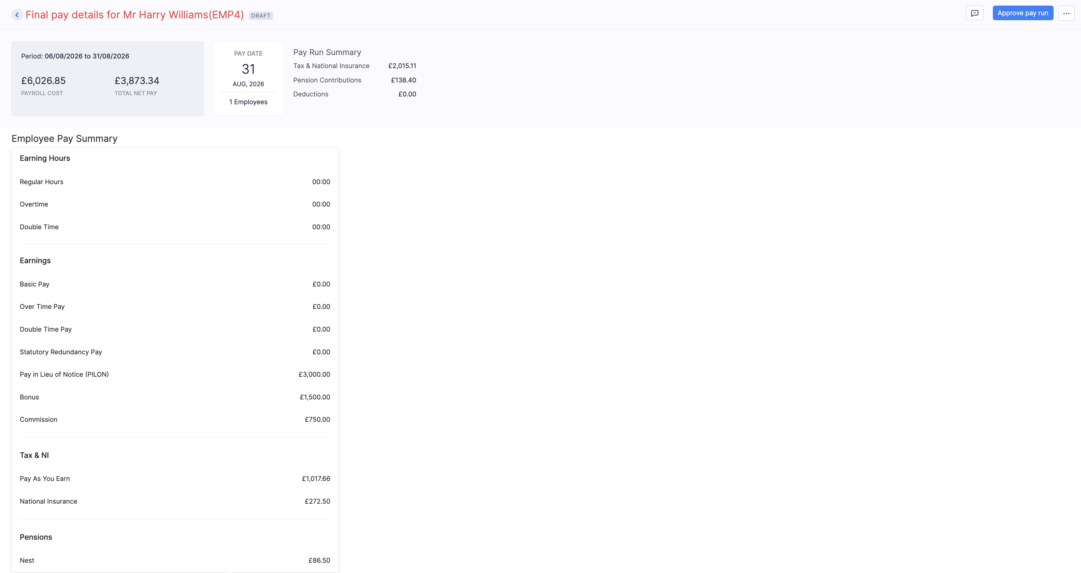 Final Settlement Payroll summary with PILON and other earnings