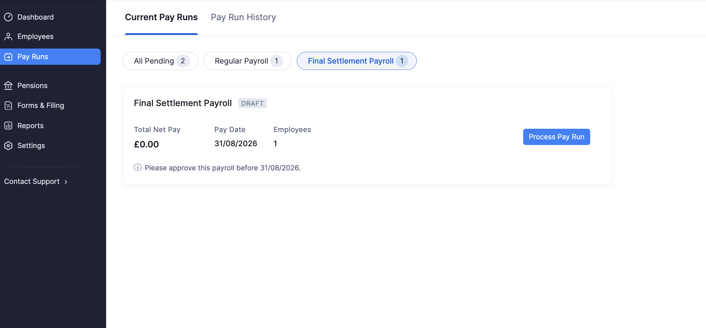 Final Settlement Payroll draft on Current Pay Runs