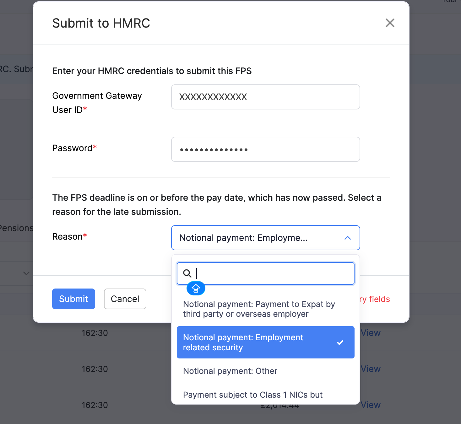 Submit FPS to HMRC with late submission reason