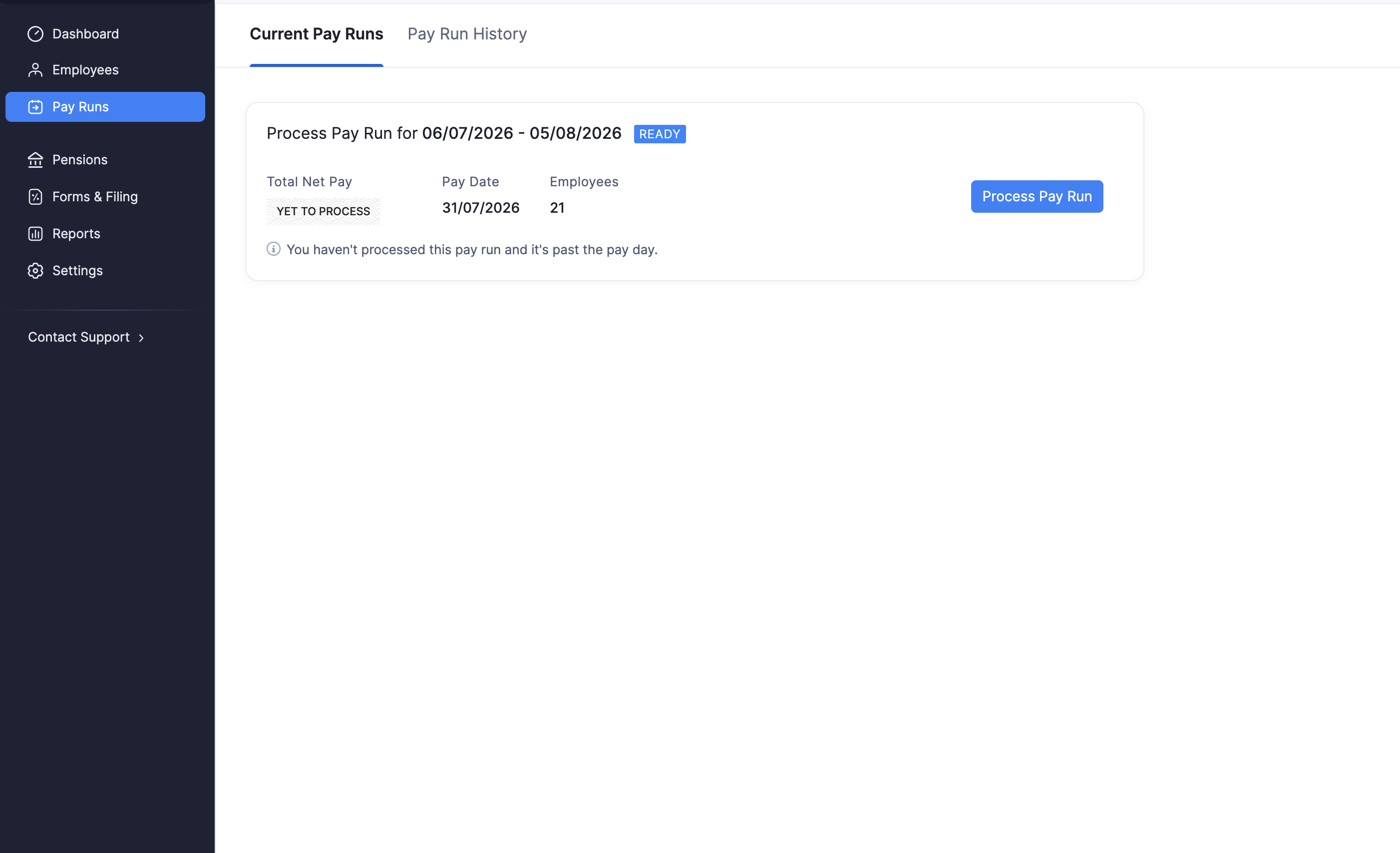 Current Pay Runs with a ready pay run to process