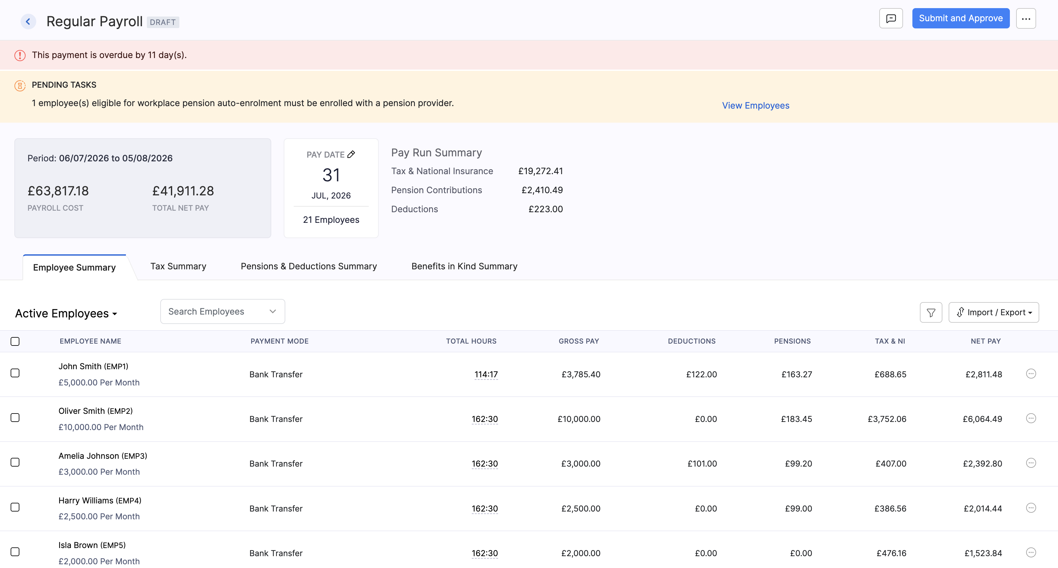 Regular payroll draft with employee summary