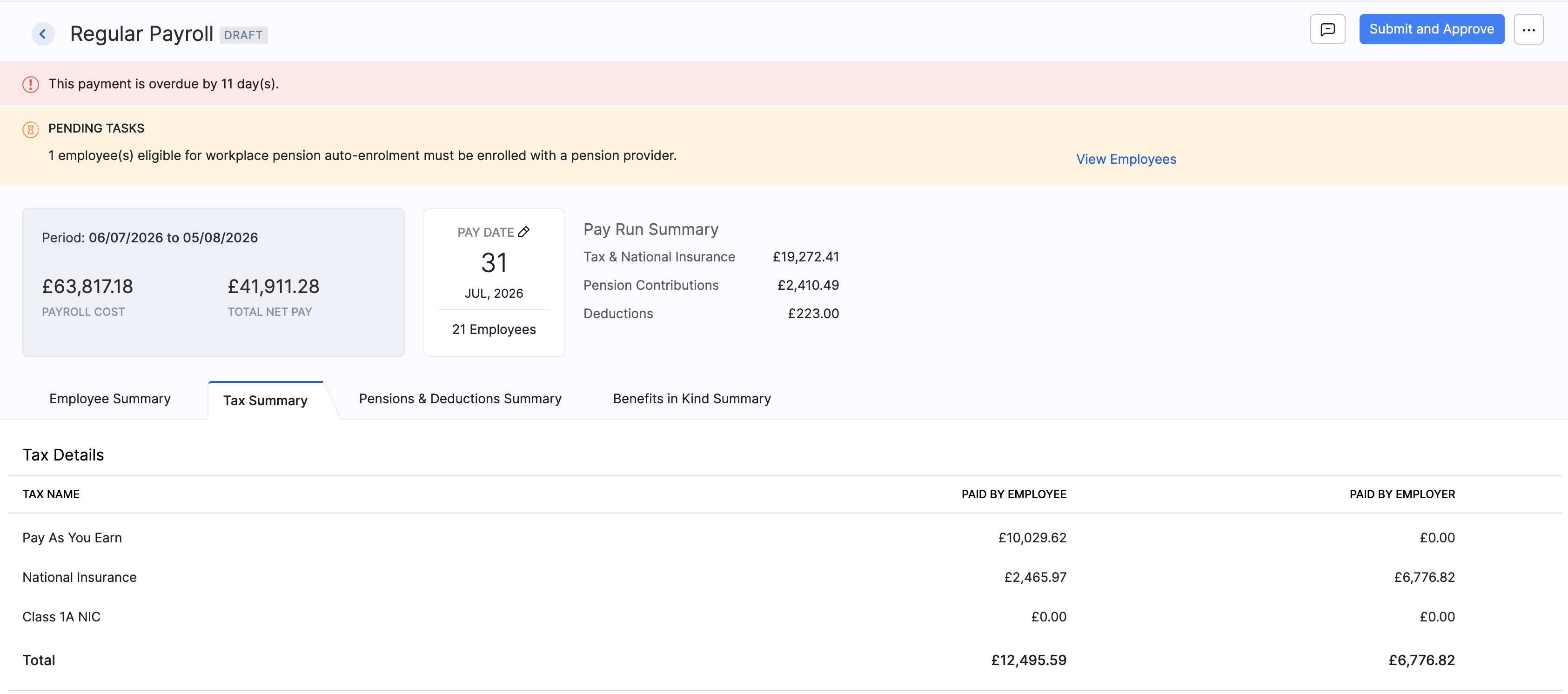 Tax summary for a regular pay run