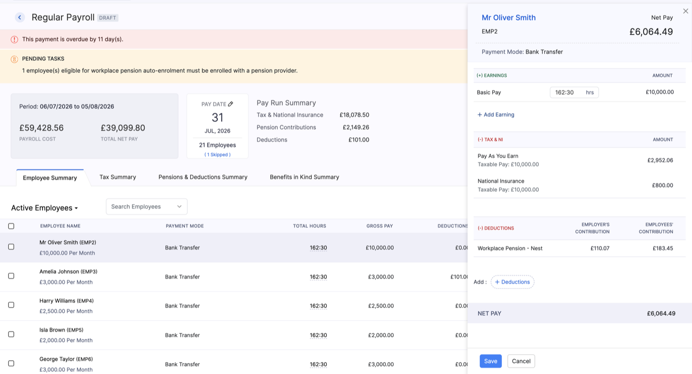 Employee pay details in a regular pay run