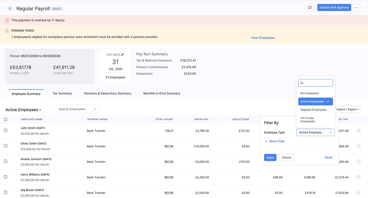 Filter employees by employee type in a pay run