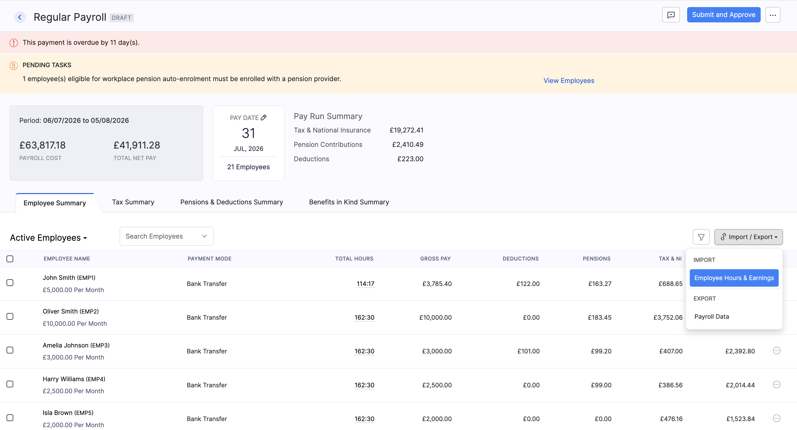 Import employee hours and earnings for a pay run