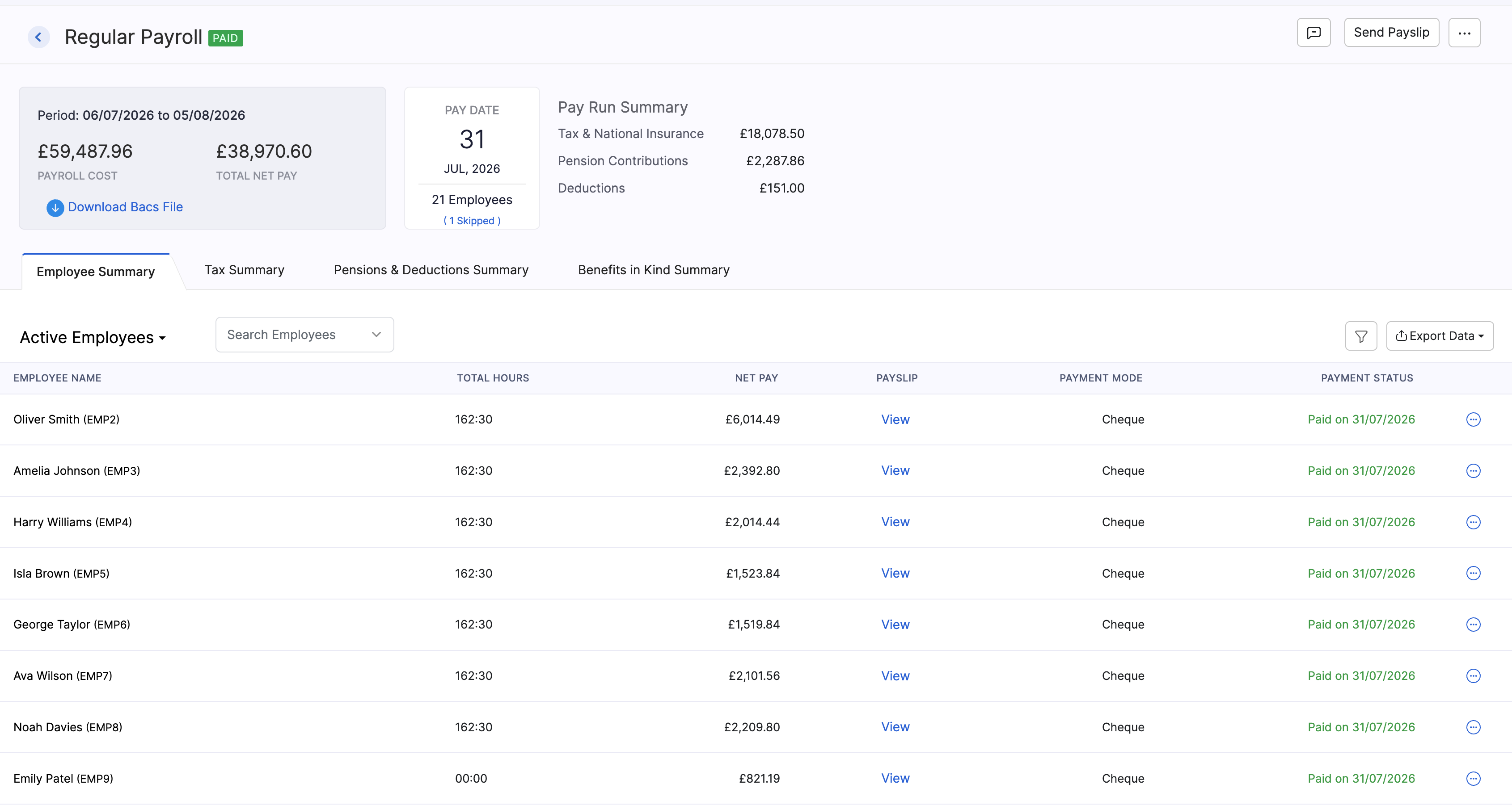 Paid regular payroll opened from pay run history
