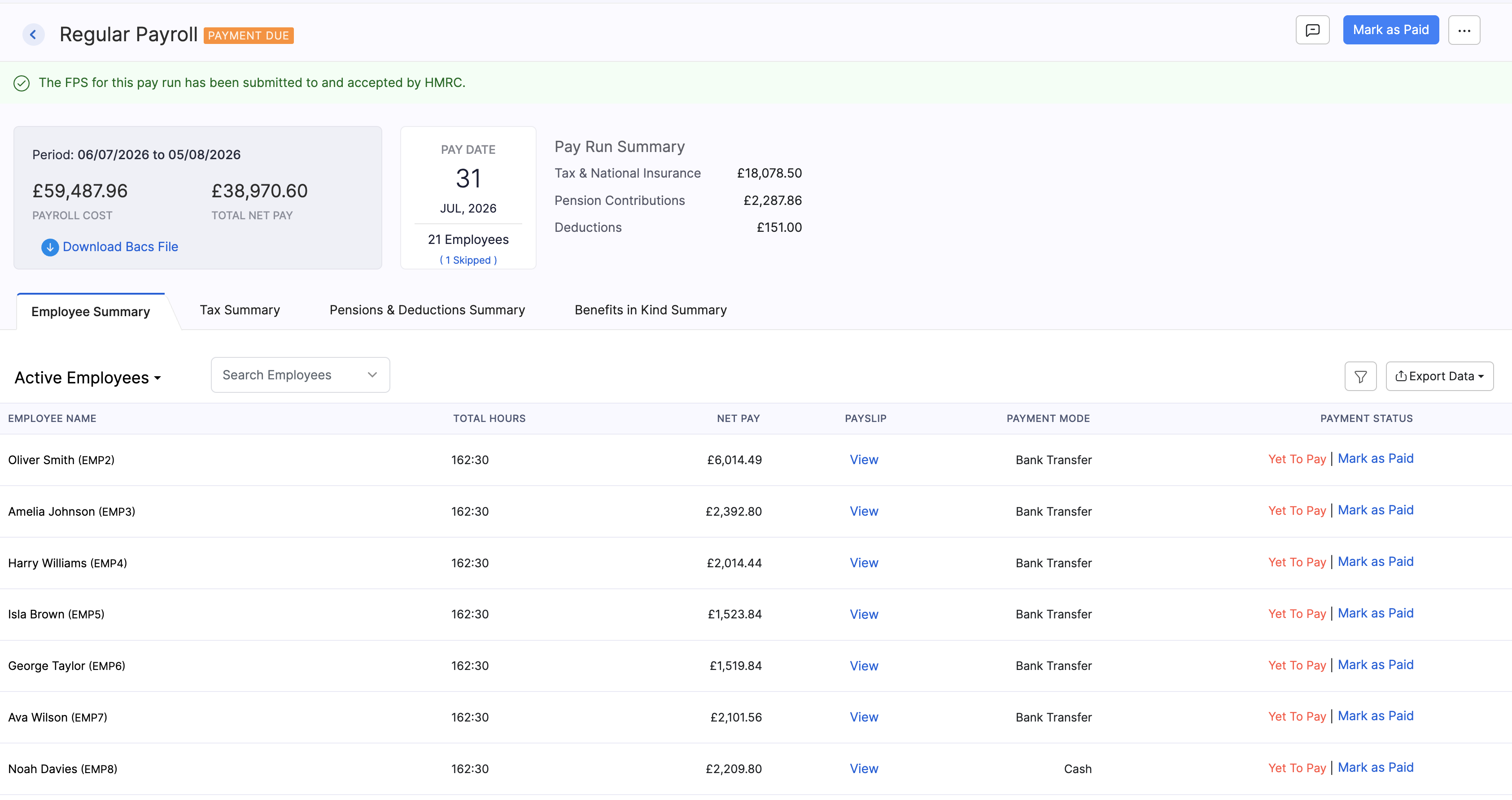 FPS submitted to and accepted by HMRC