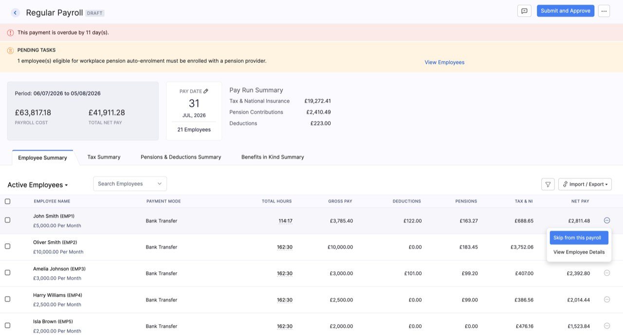 Skip an employee from this payroll