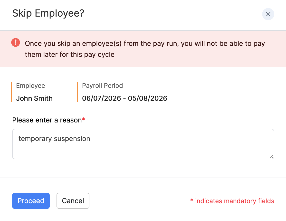 Enter a reason when skipping an employee from payroll