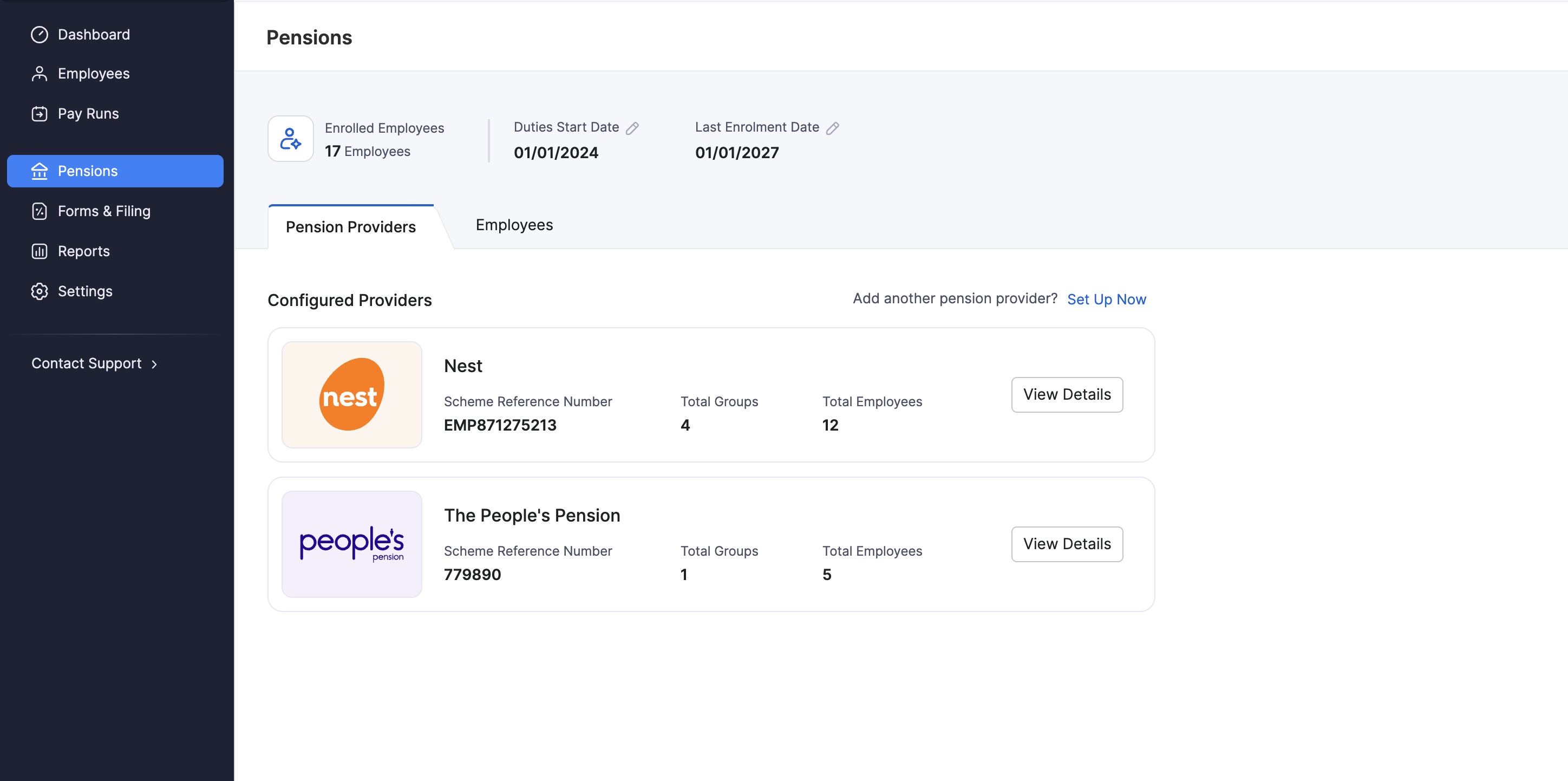Pensions page with configured Nest and The People's Pension providers
