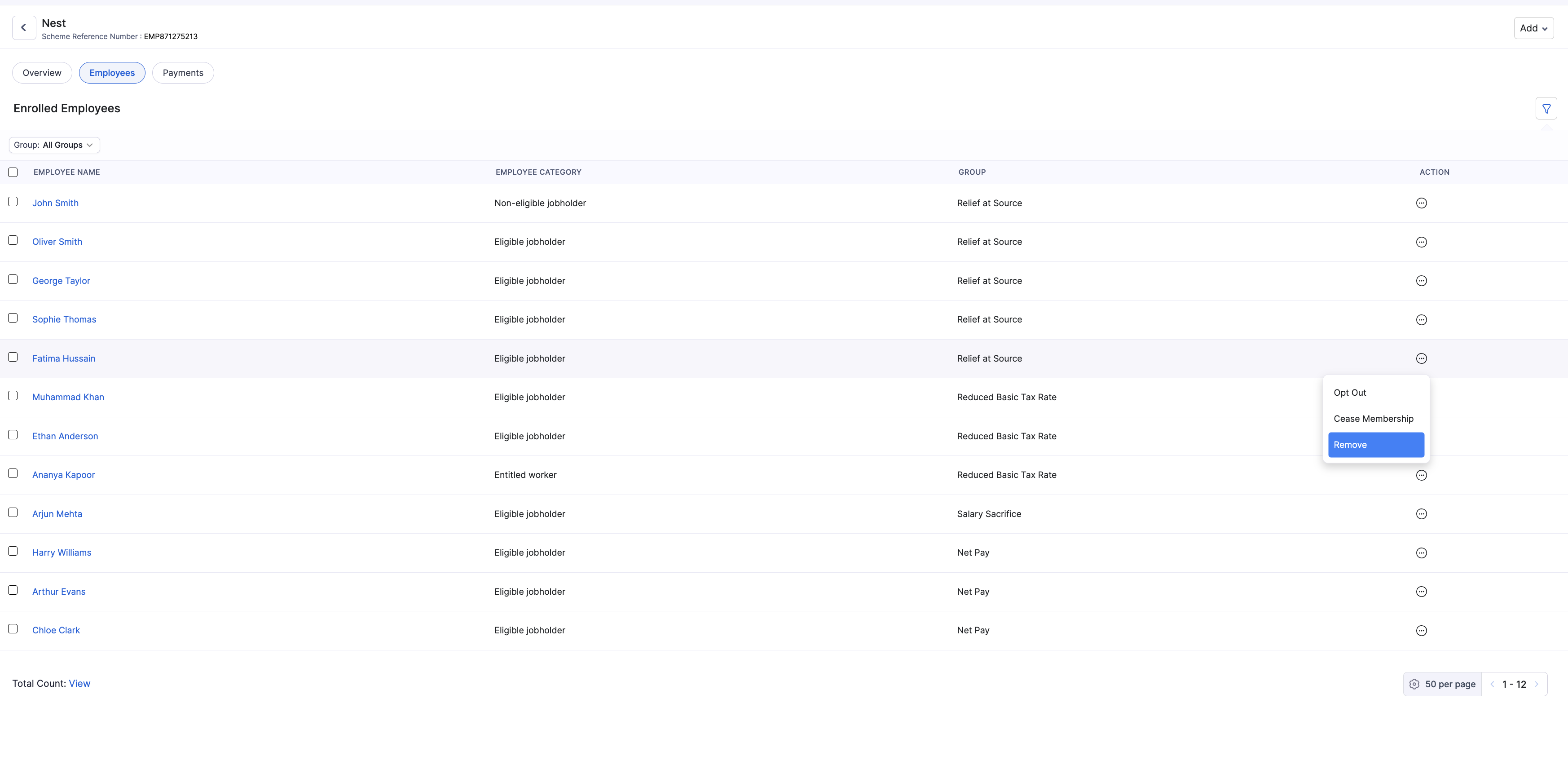 Remove action for an enrolled employee