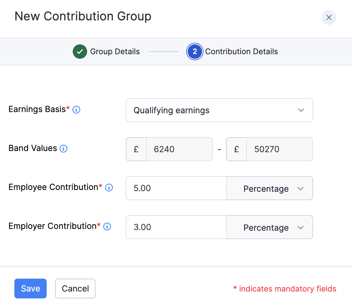 Contribution details for a new contribution group
