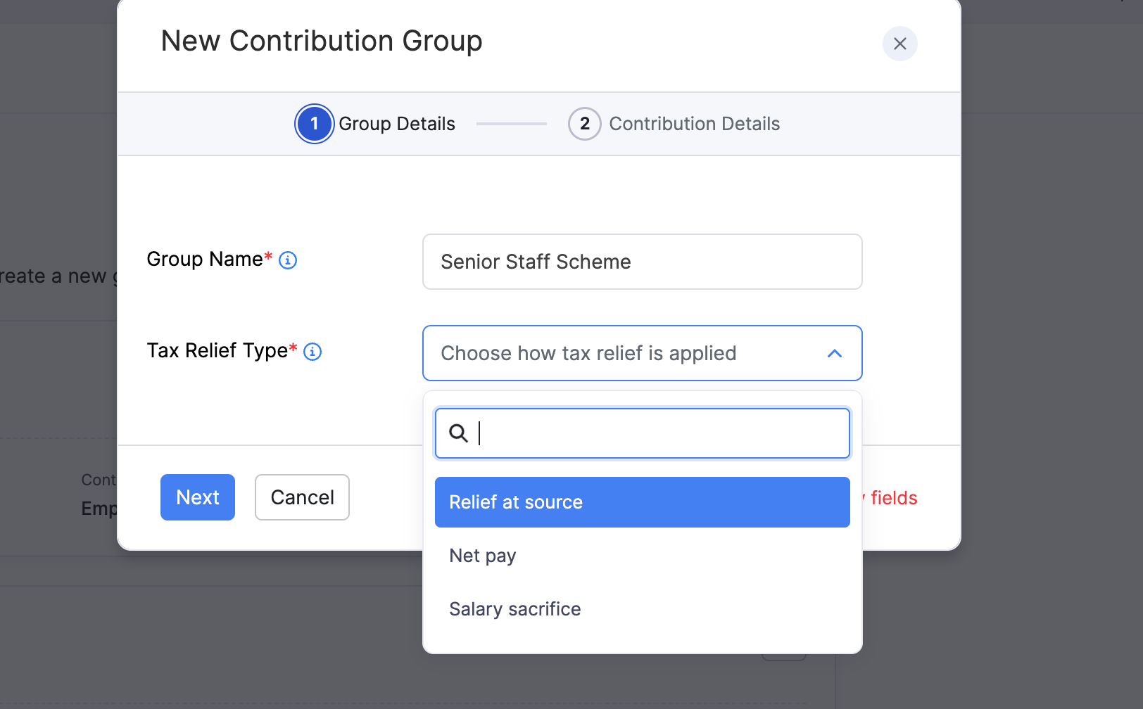Tax relief types when creating a new contribution group