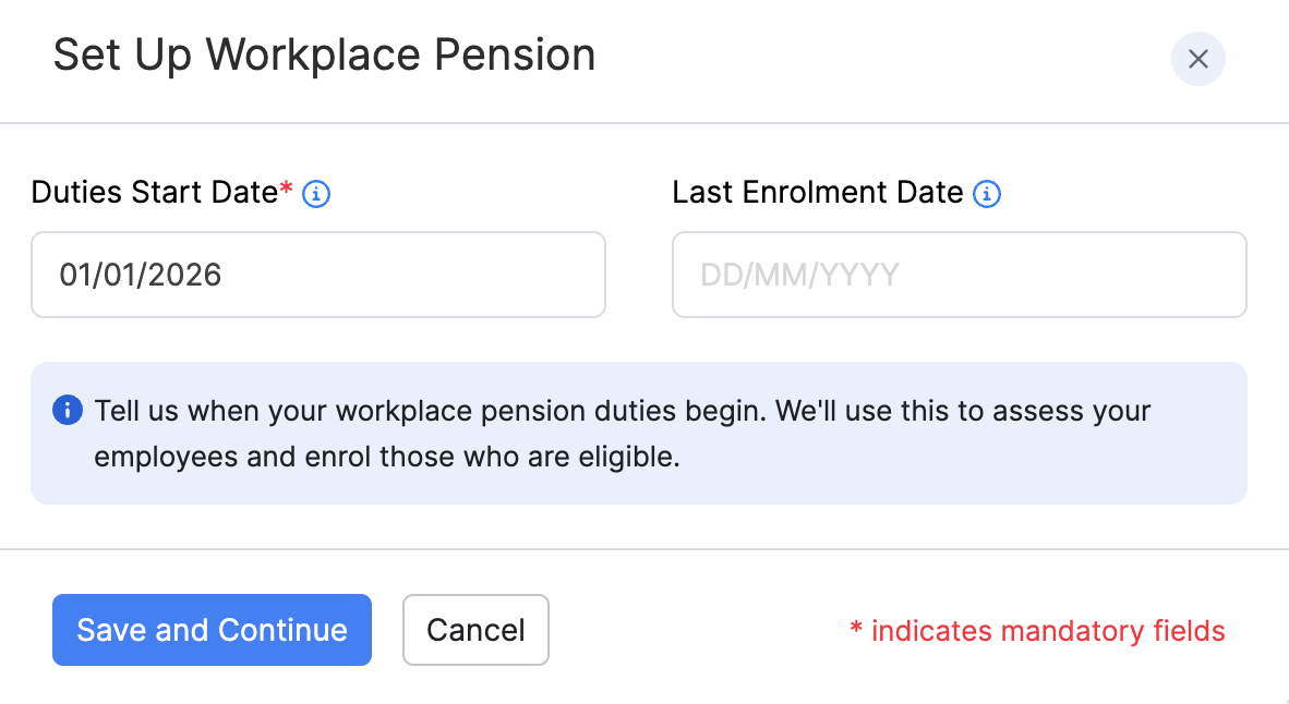 Set duties start date and last enrolment date for workplace pension