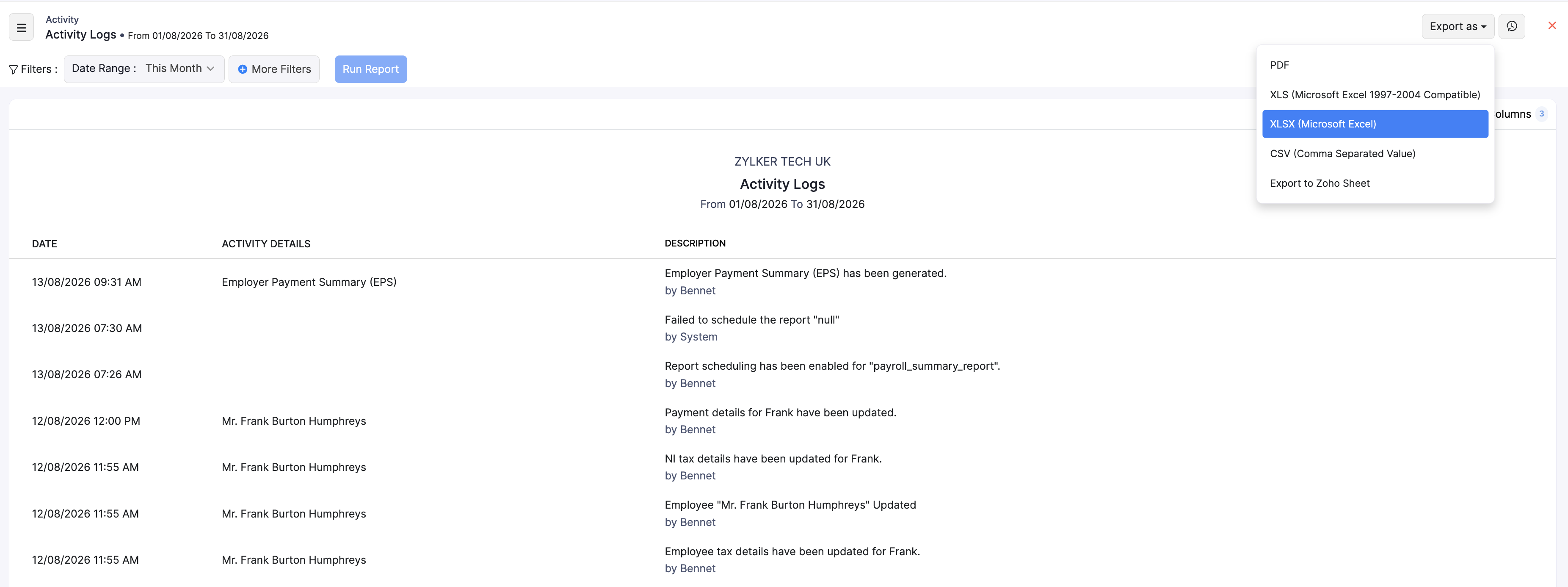 Export as options for Activity Logs