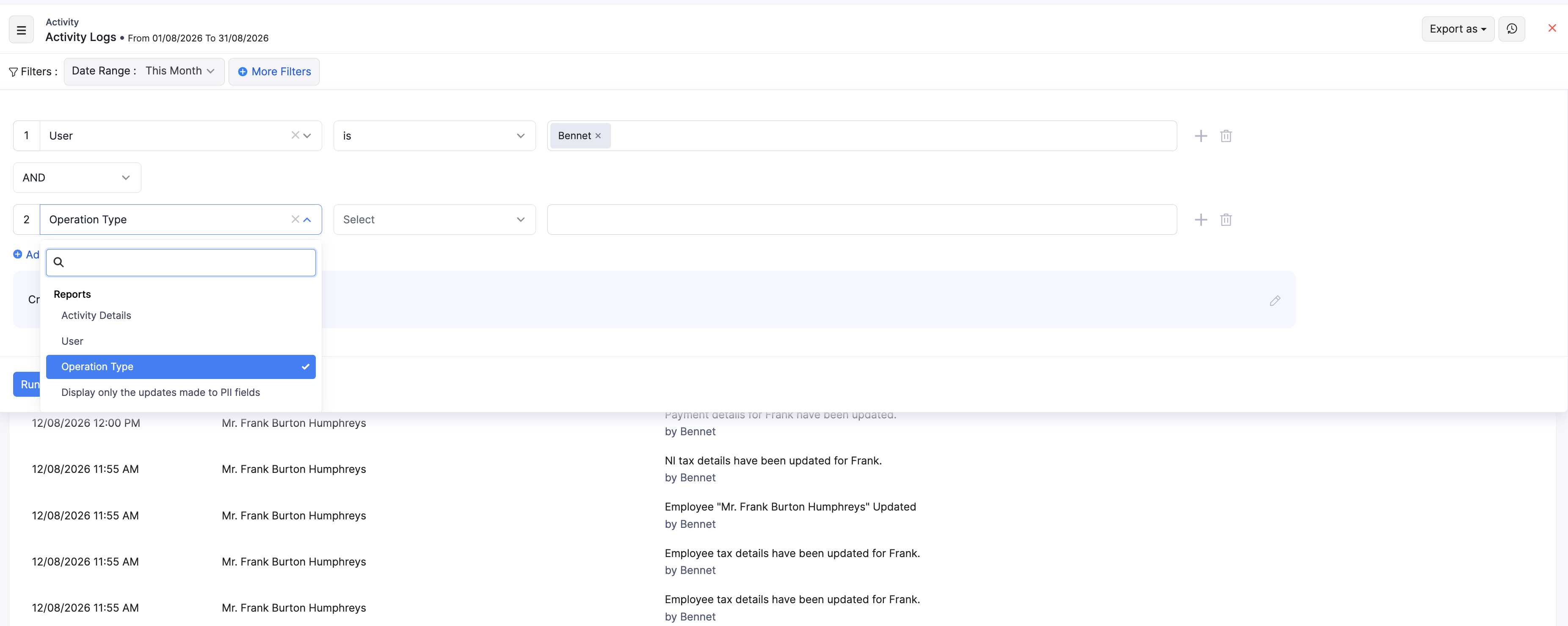 More Filters field picker on Activity Logs