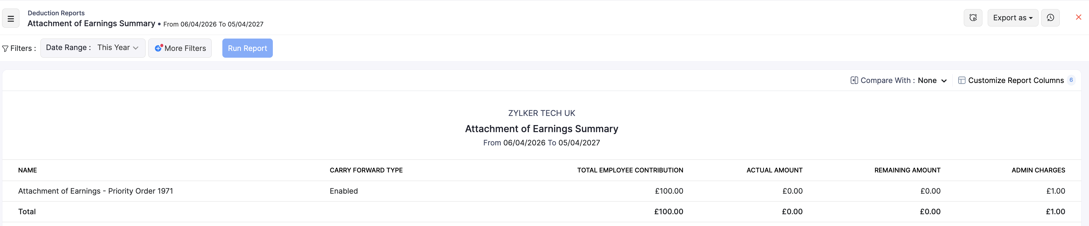 Attachment of Earnings Summary report