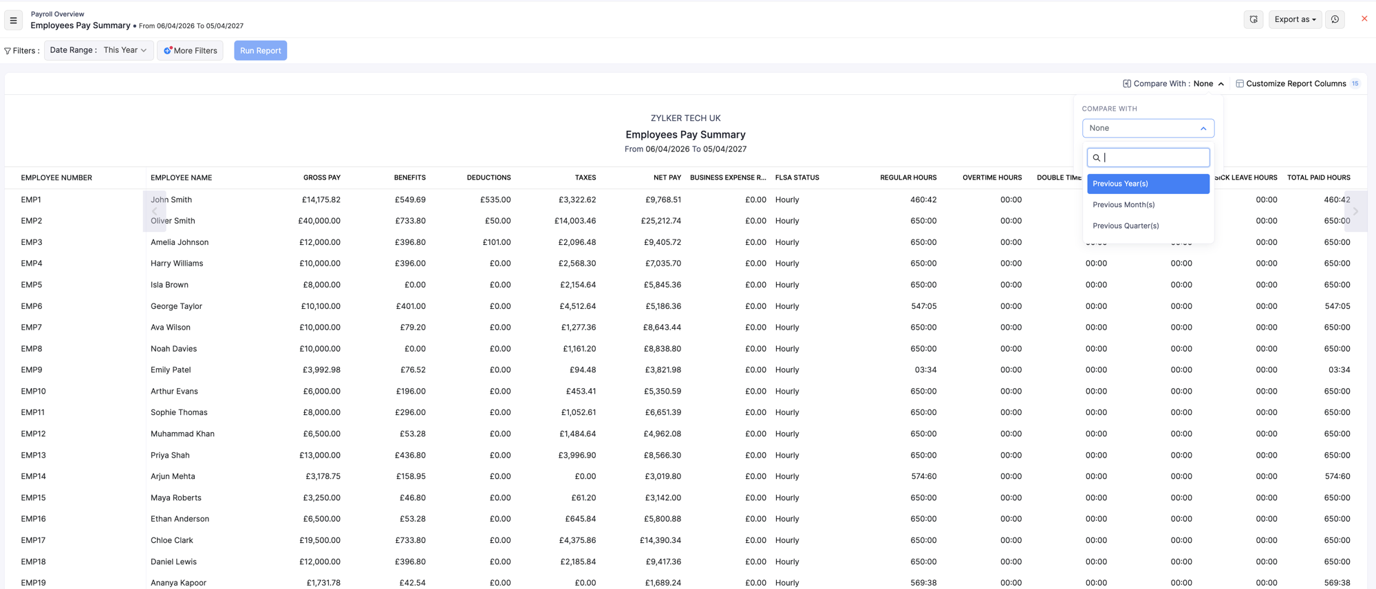 Compare With options on a report