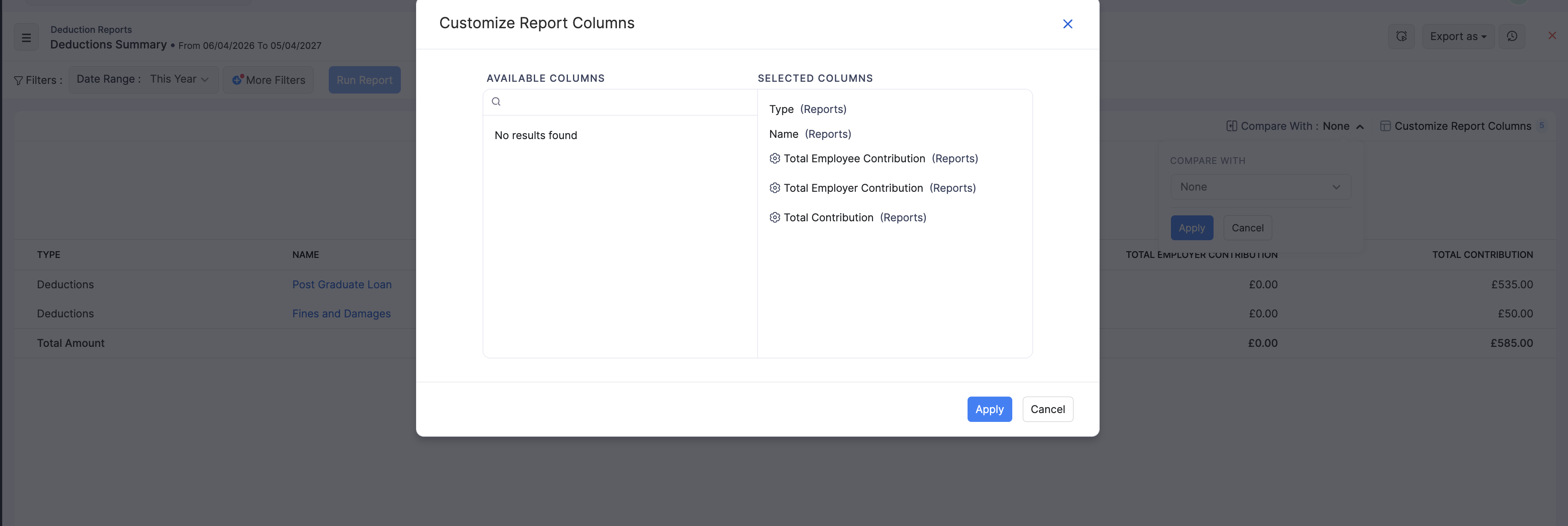 Customize Report Columns for Deductions Summary