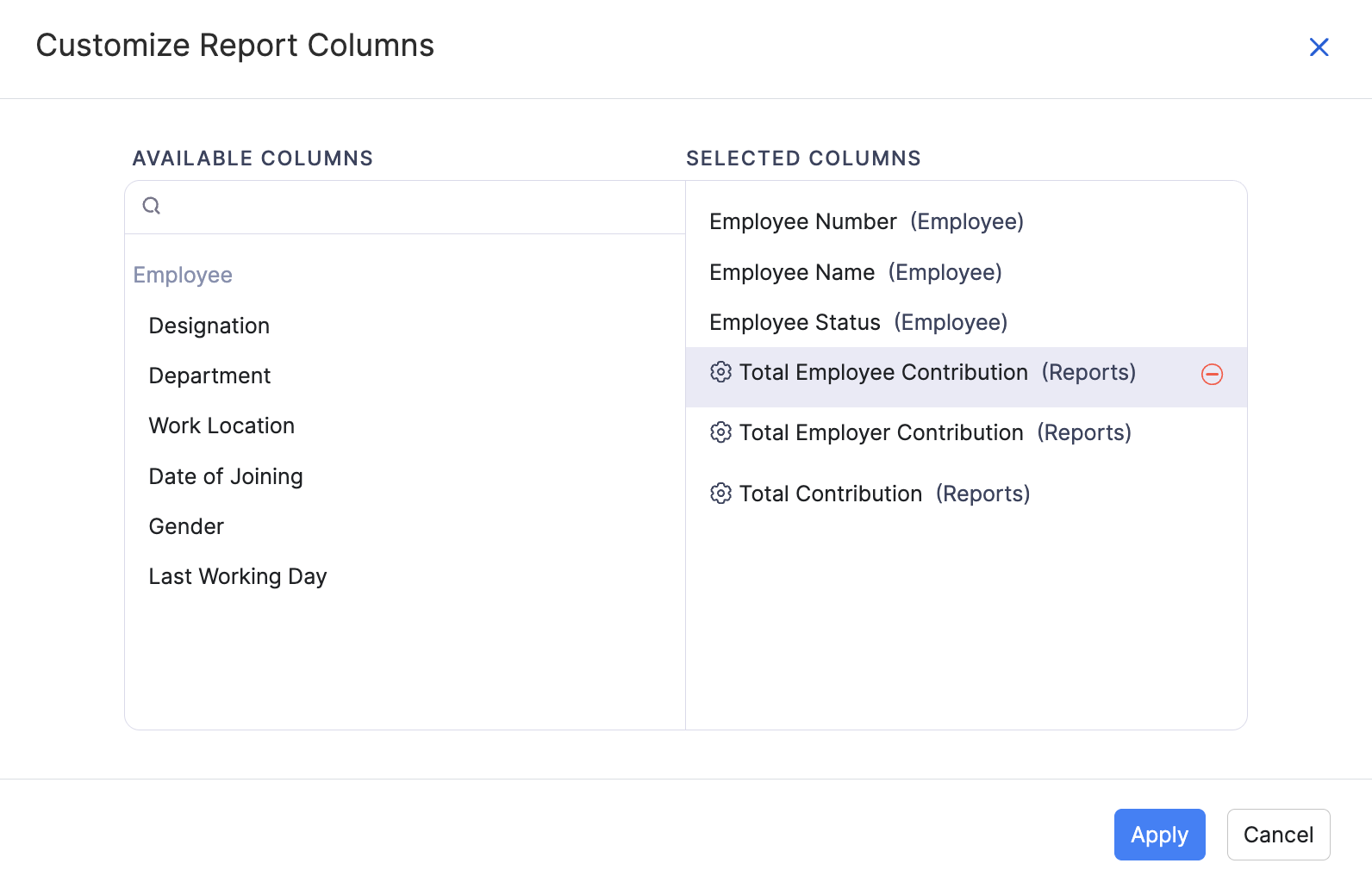 Customize Report Columns for Employee Pension Summary