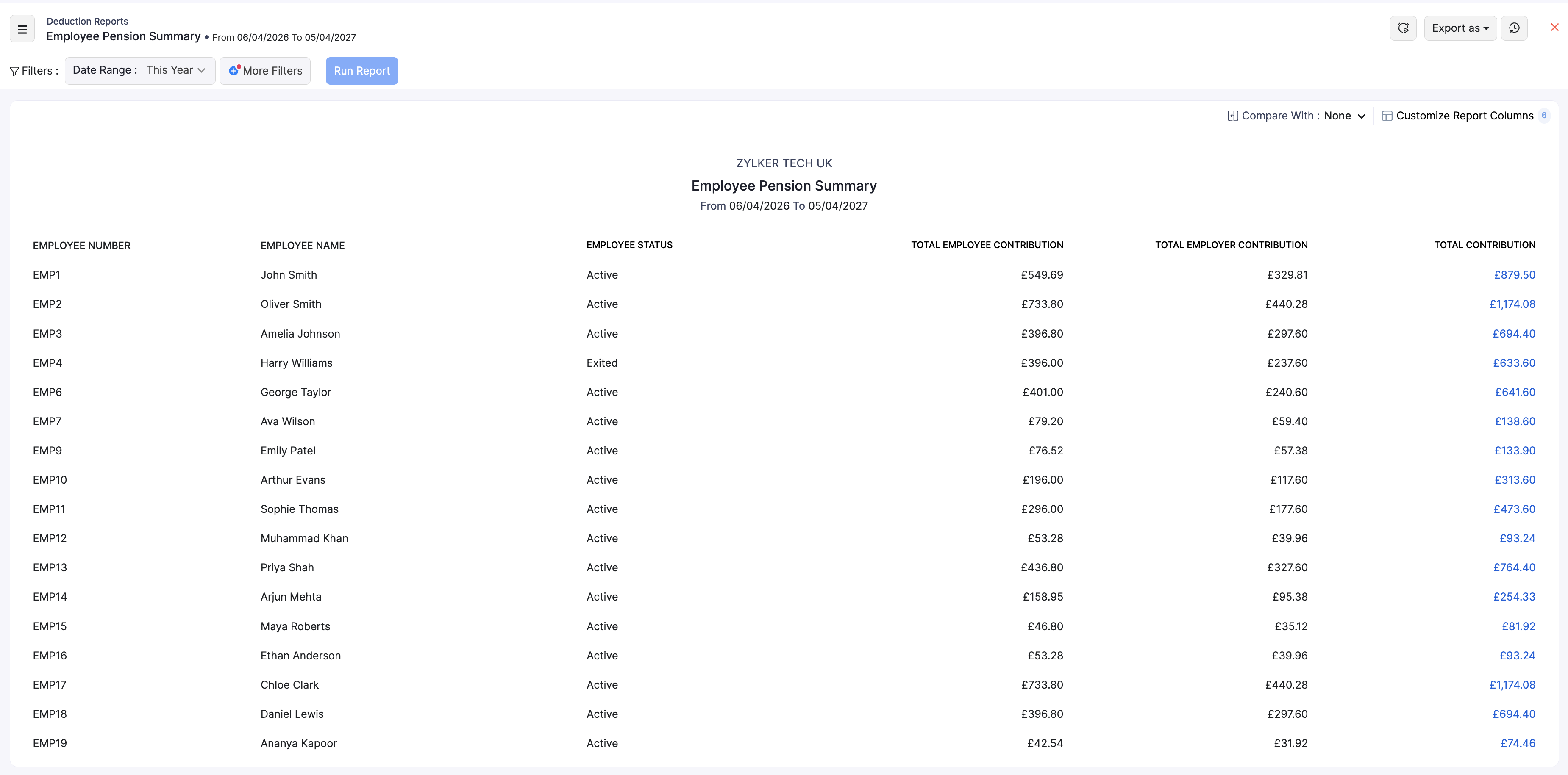 Employee Pension Summary with employee and employer contributions