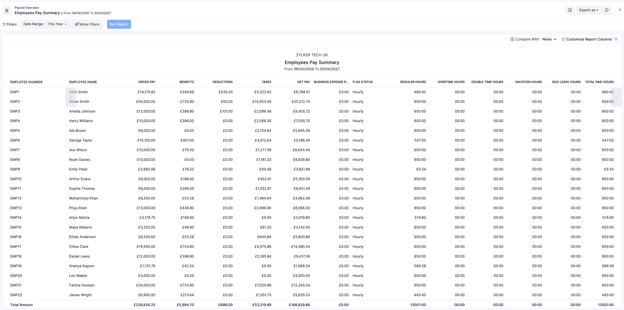 Employees Pay Summary report for the UK tax year