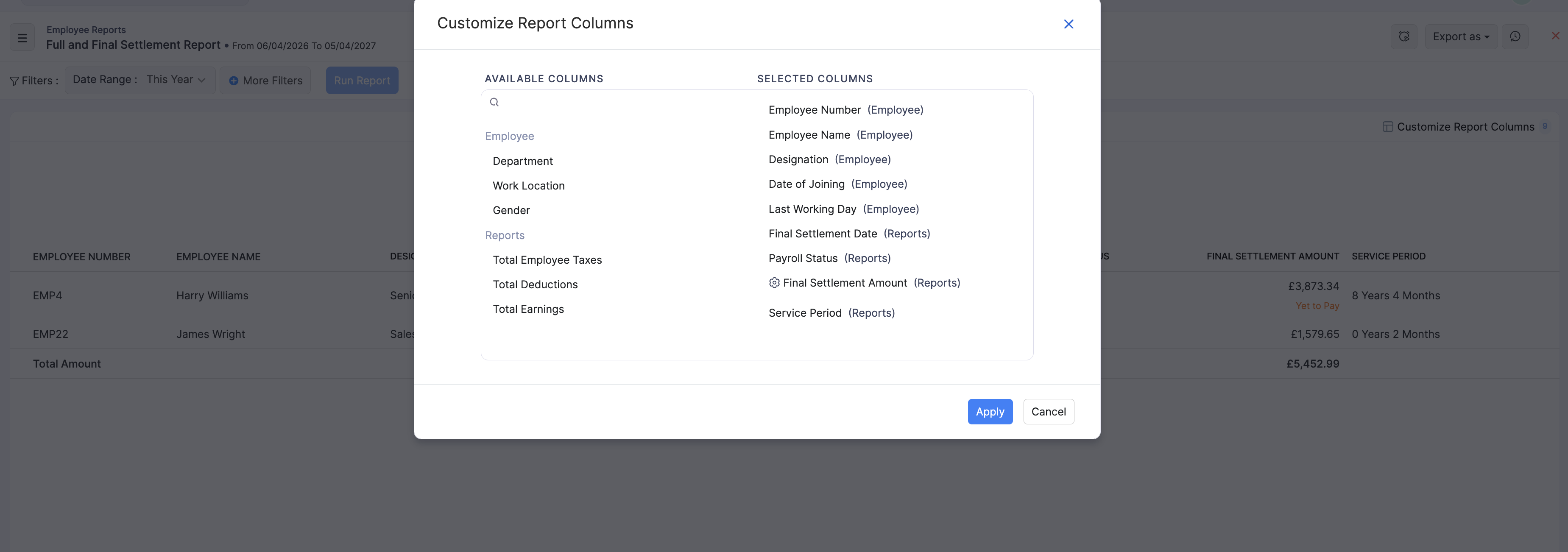 Customize Report Columns for Full and Final Settlement Report