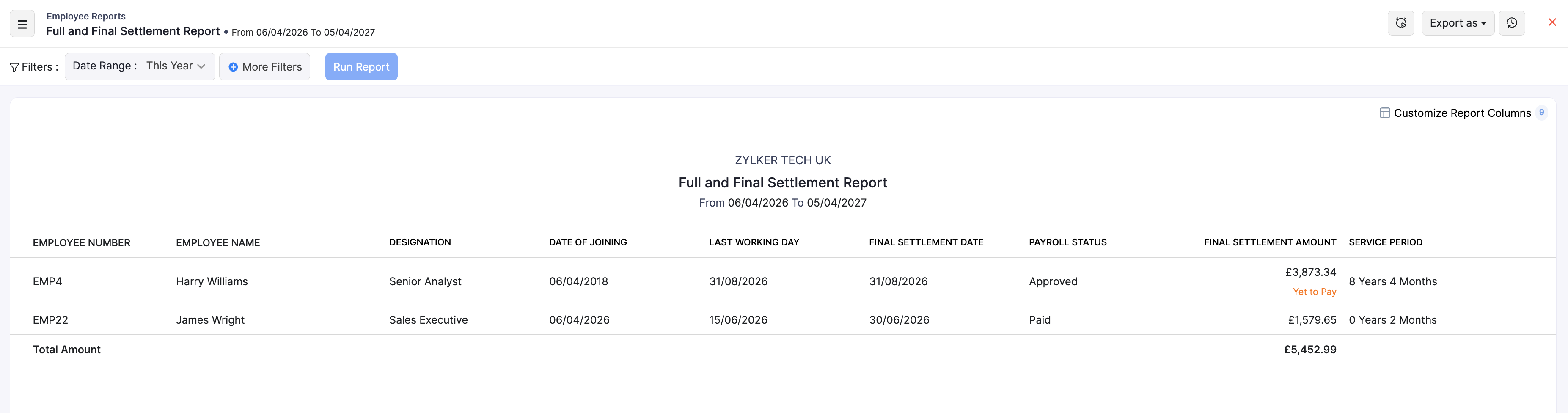 Full and Final Settlement Report for UK employees