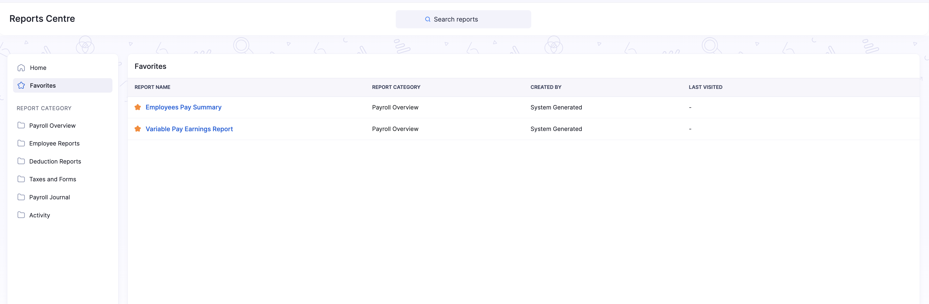 Favourites list in Reports Centre