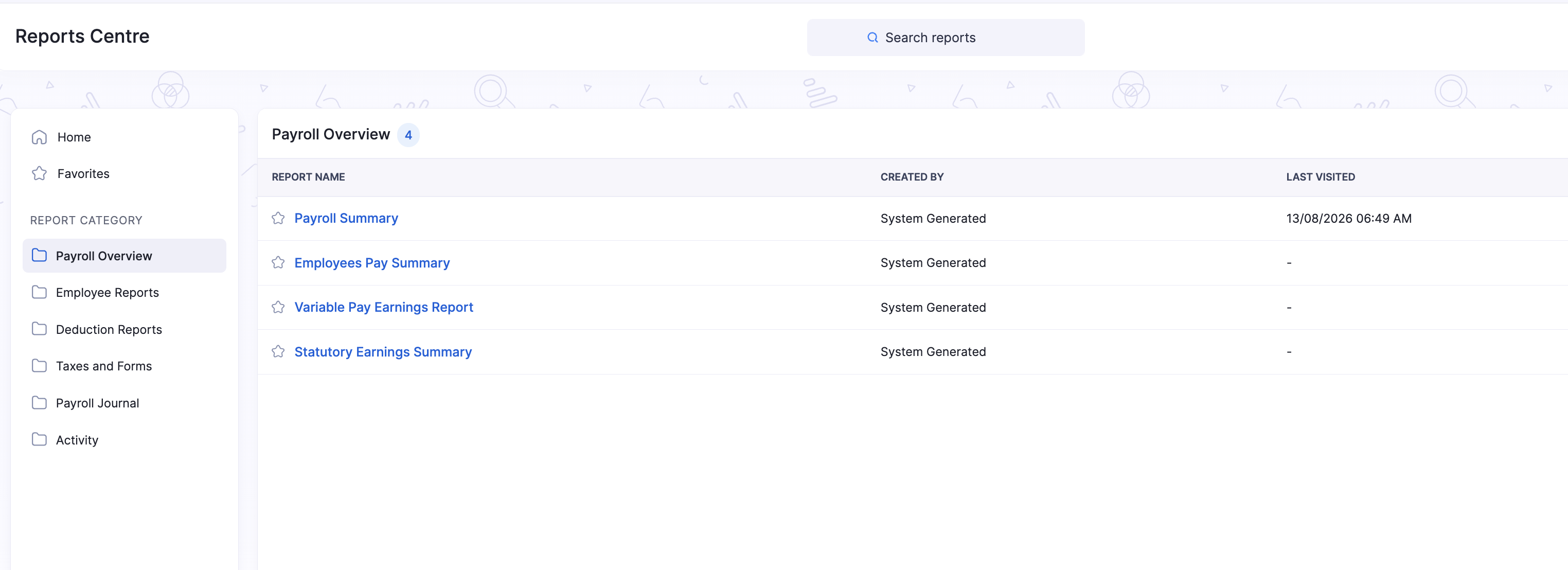 Payroll Overview category in Reports Centre