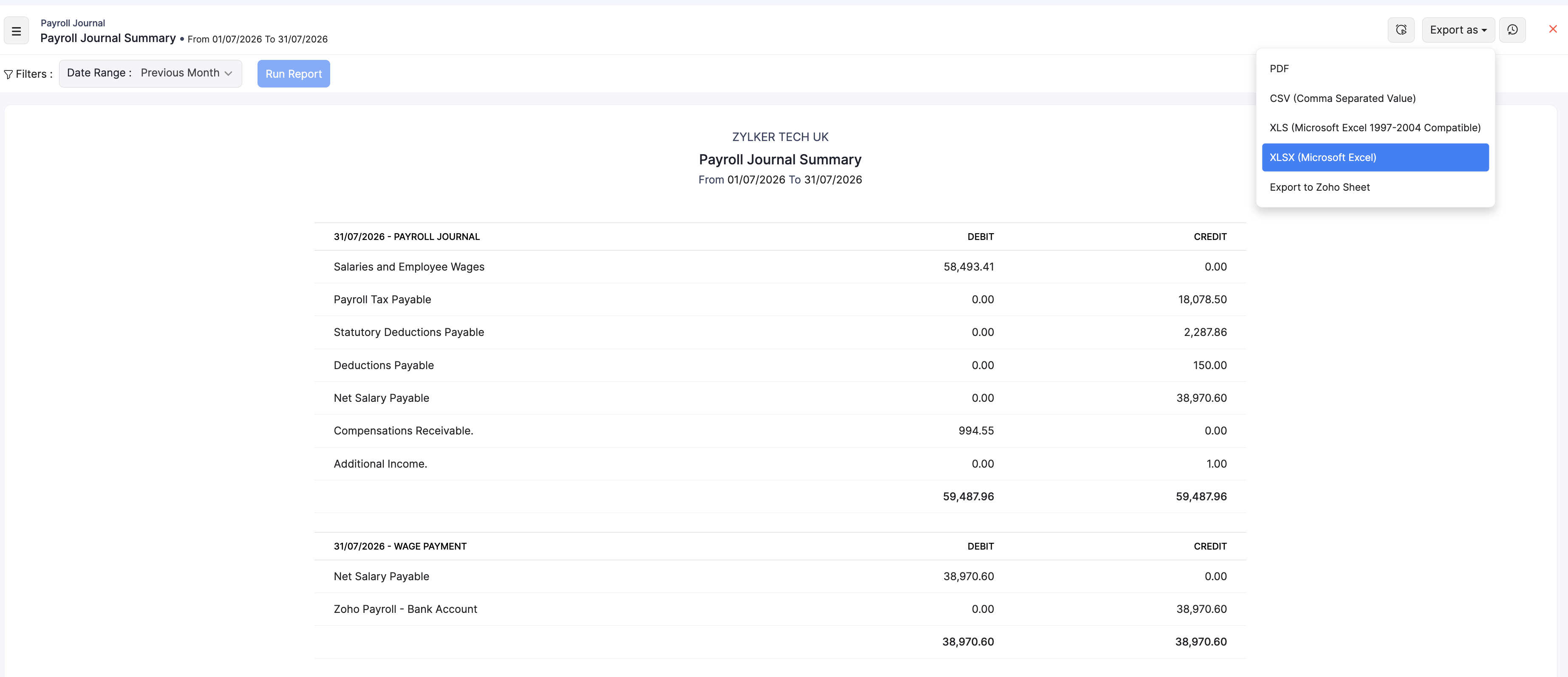 Export as options for Payroll Journal Summary