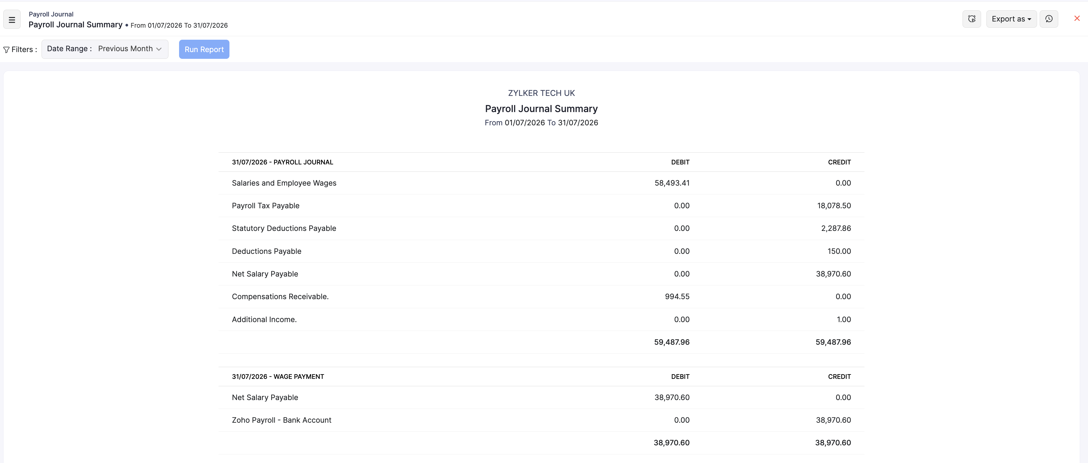Payroll Journal Summary with PAYROLL JOURNAL and WAGE PAYMENT entries