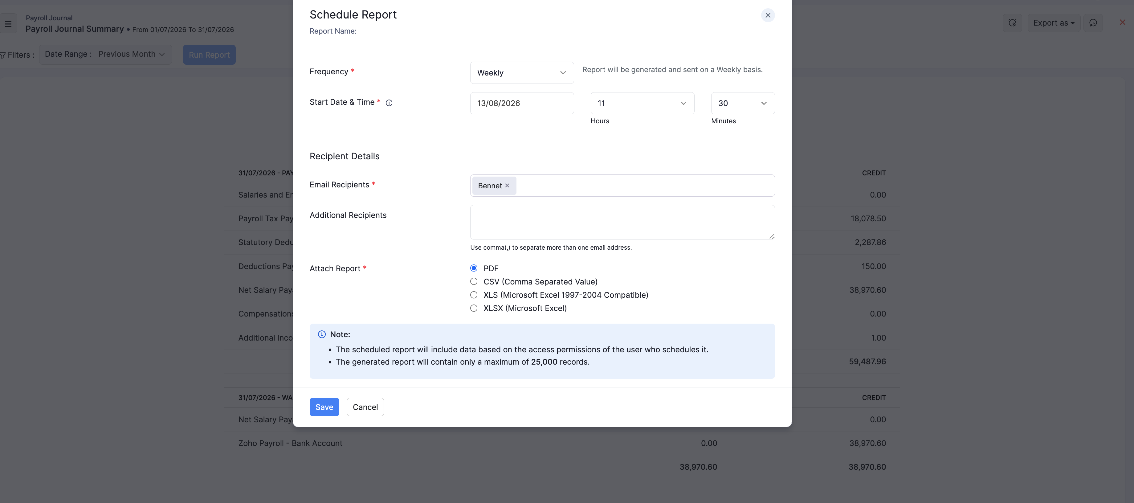 Schedule Report for Payroll Journal Summary