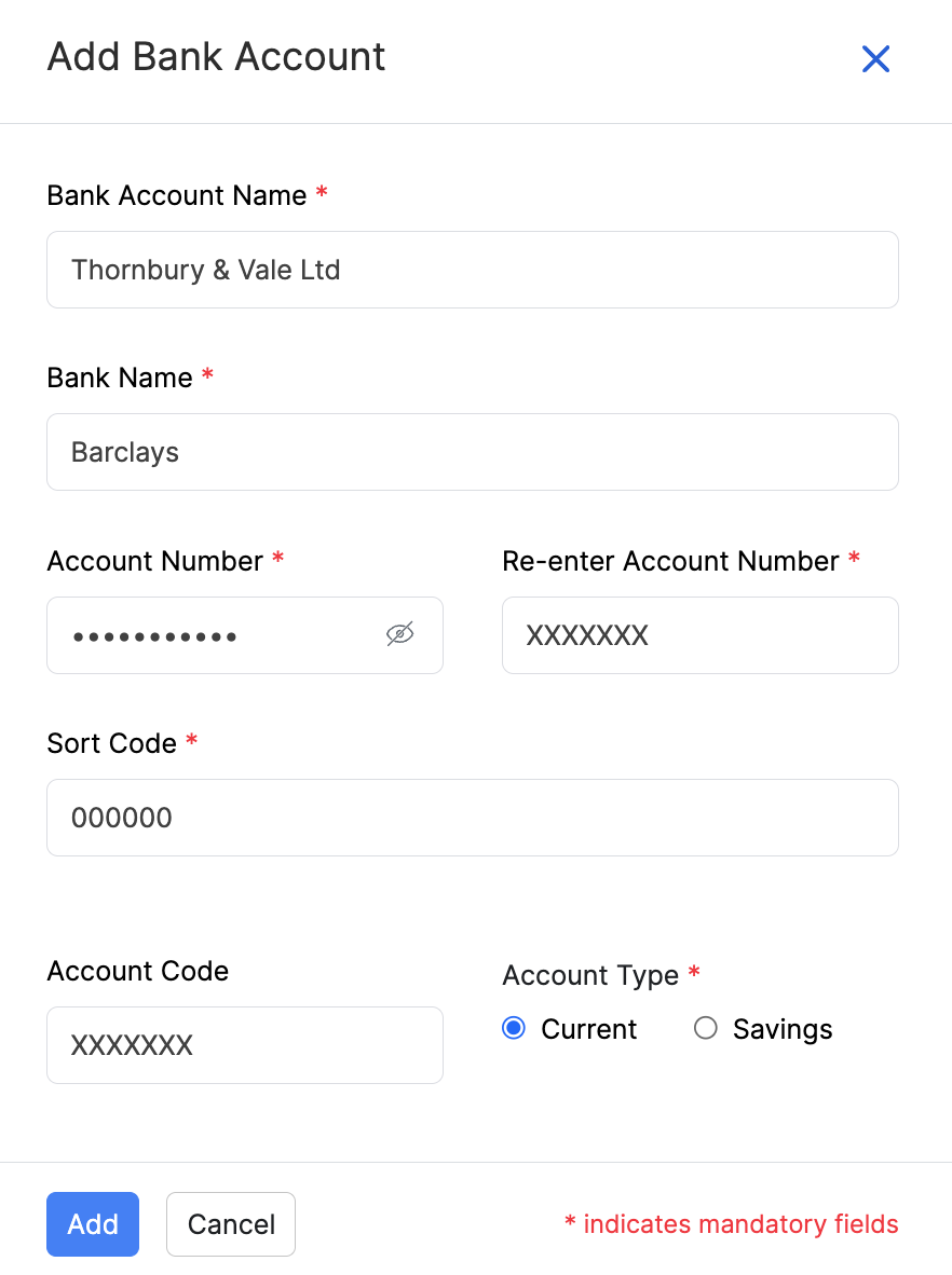Add Bank Account form in Zoho Payroll