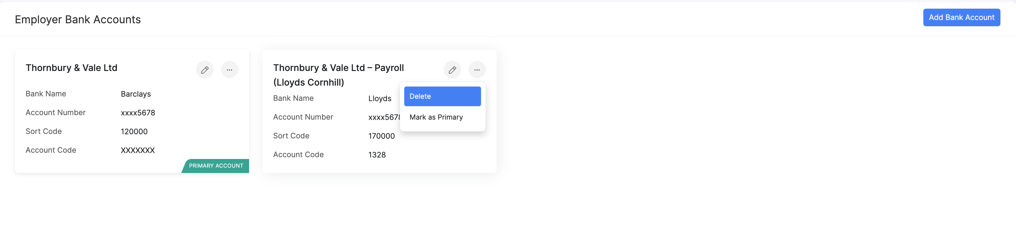 Delete a bank account in Zoho Payroll