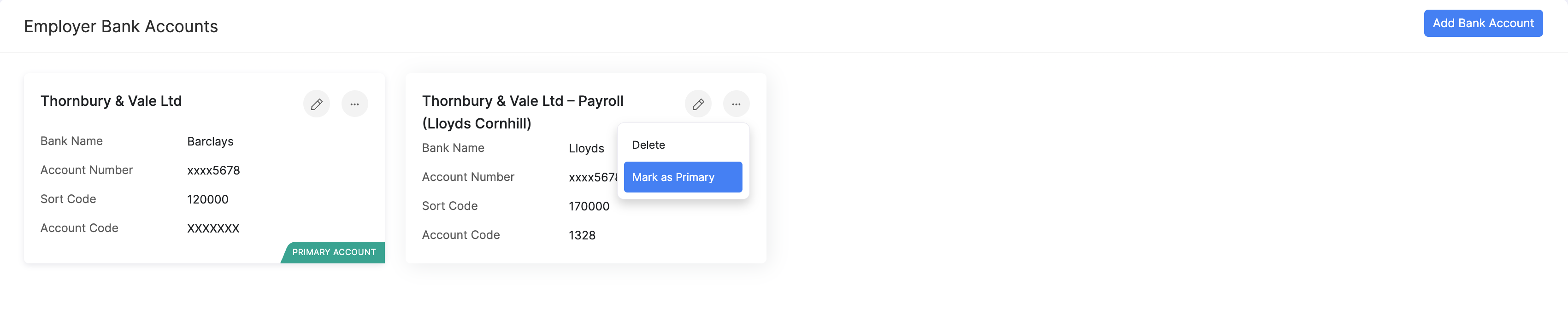 Mark a bank account as primary in Zoho Payroll