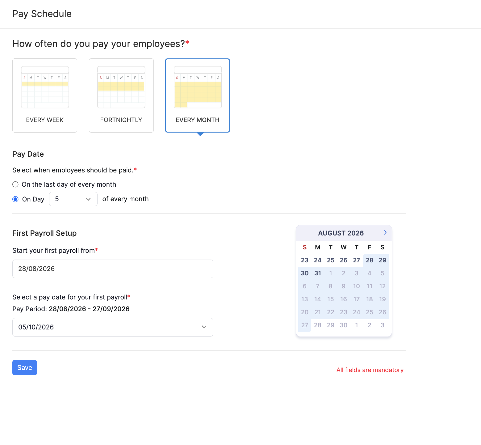 Every Month pay schedule with pay on a set day