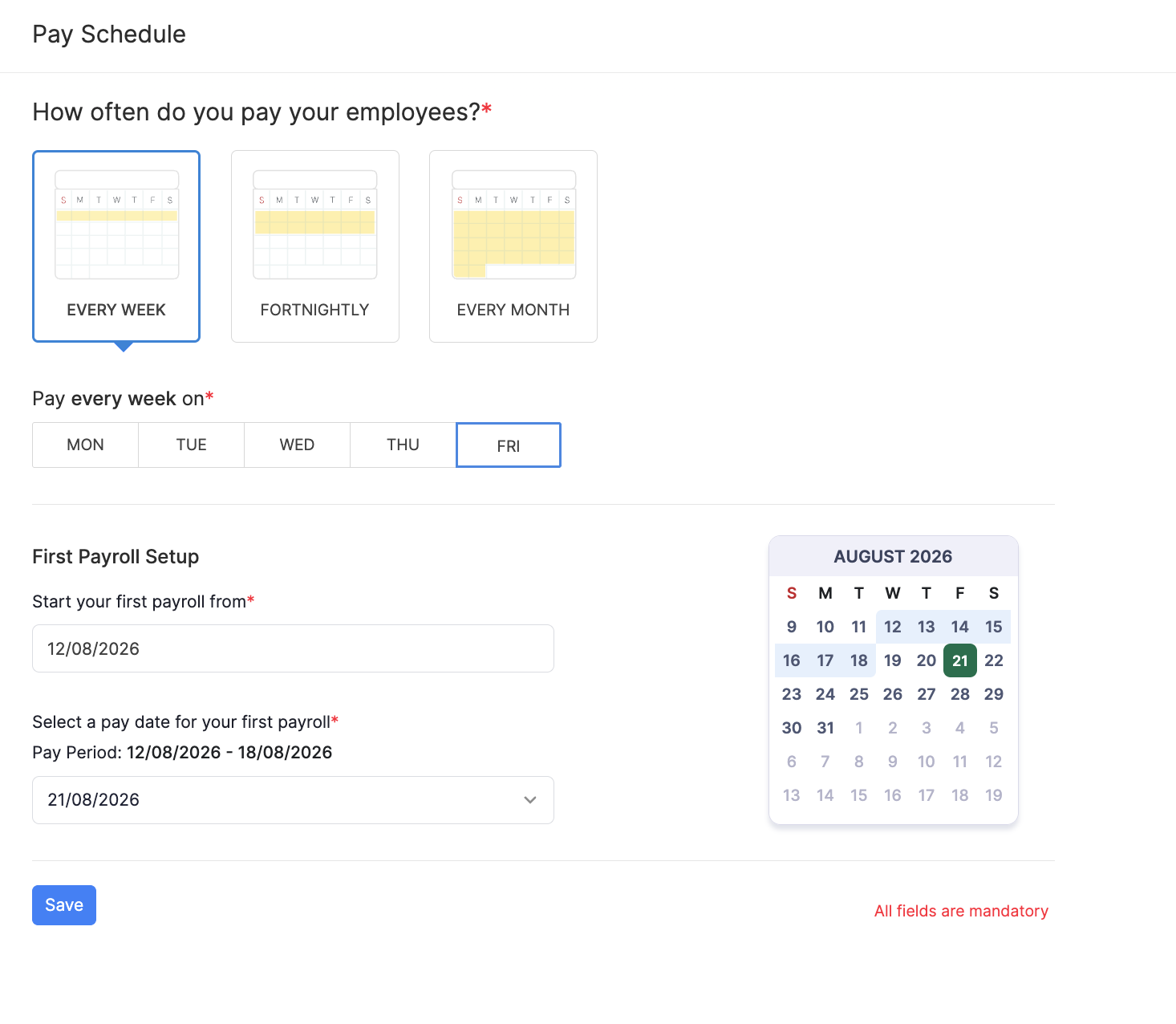 Every Week pay schedule in Zoho Payroll