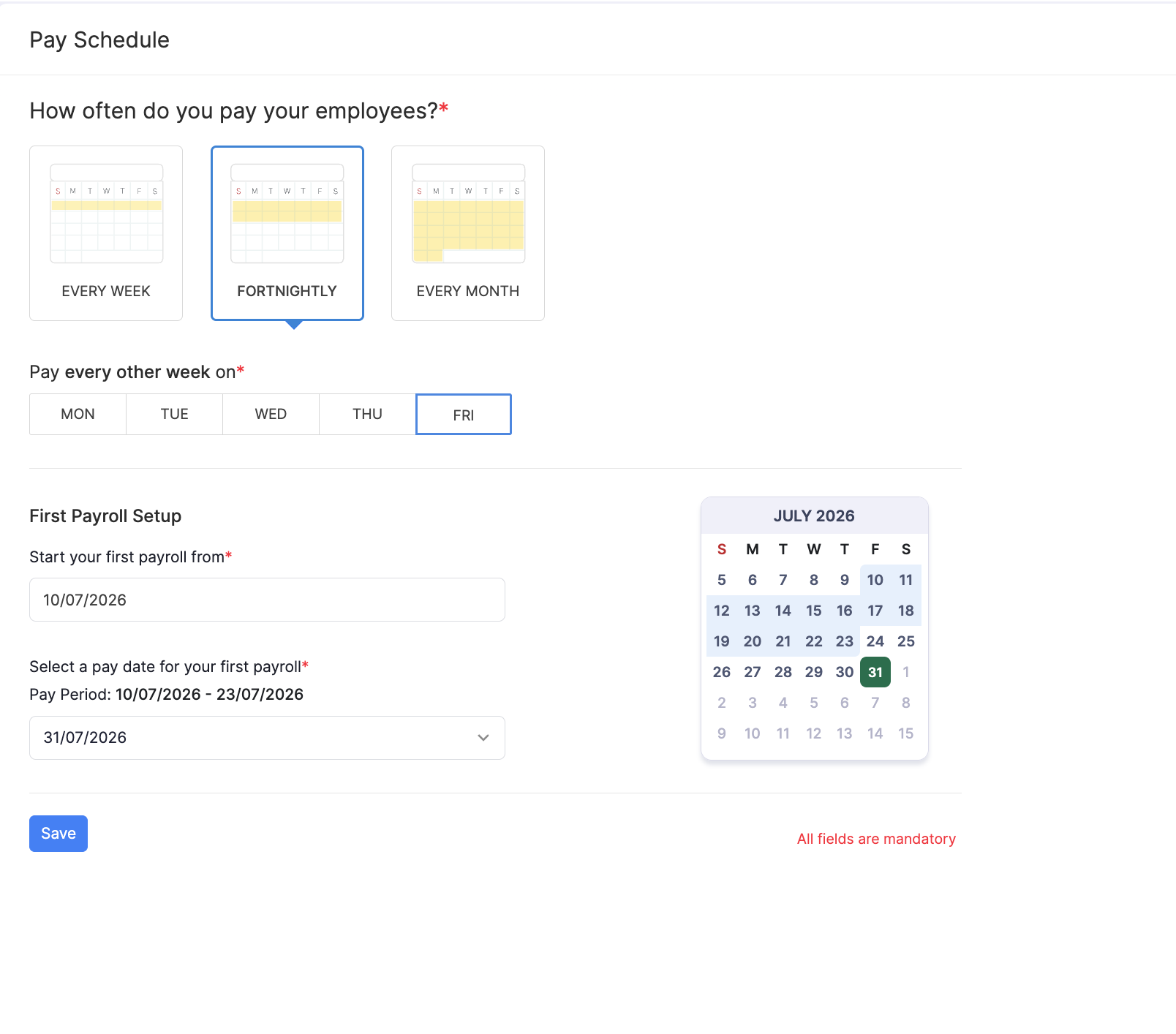 Fortnightly pay schedule in Zoho Payroll