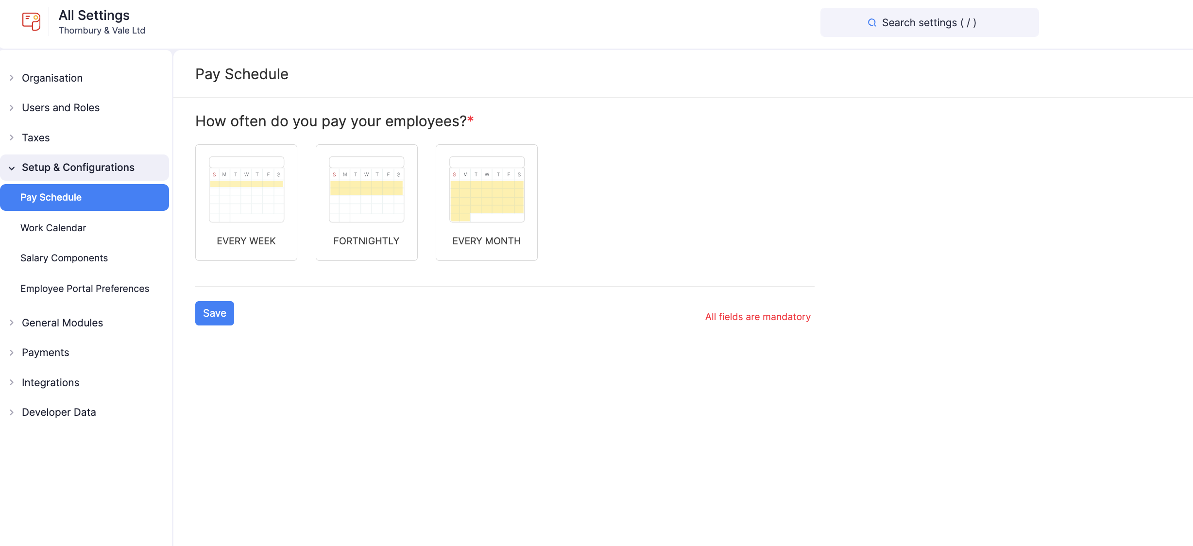 Select the pay frequency in Zoho Payroll