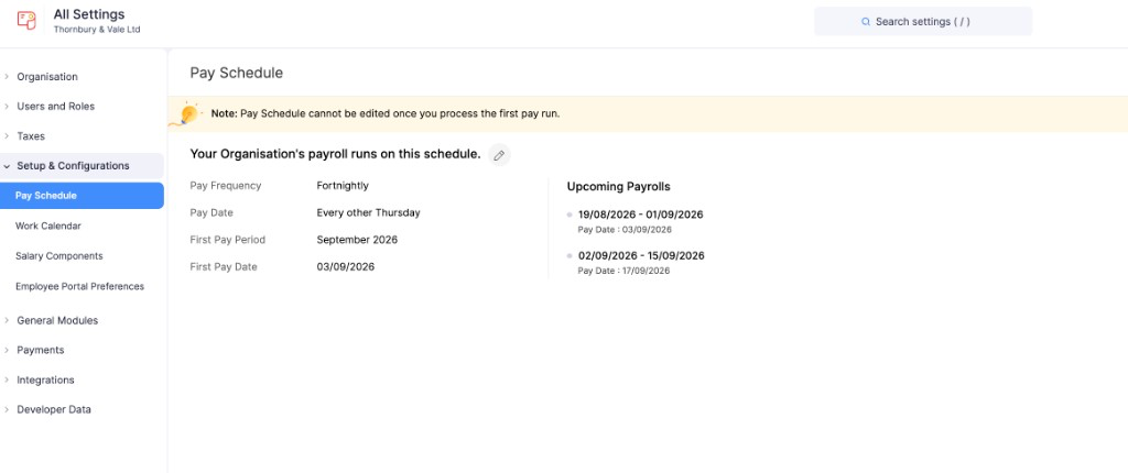 Pay Schedule summary before the first pay run